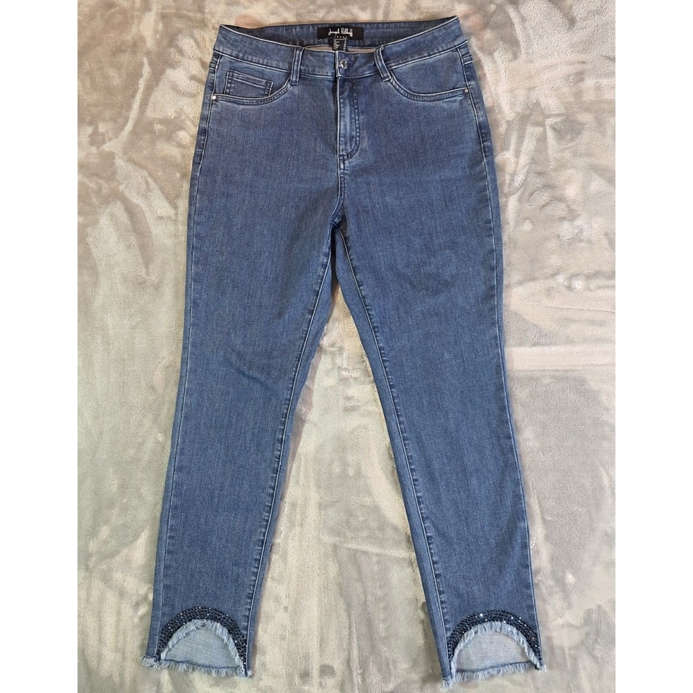 JOSEPH RIBKOFF 10 Slim Crop Jeans Rhinestone Beaded Frayed Cutout Hem 241920